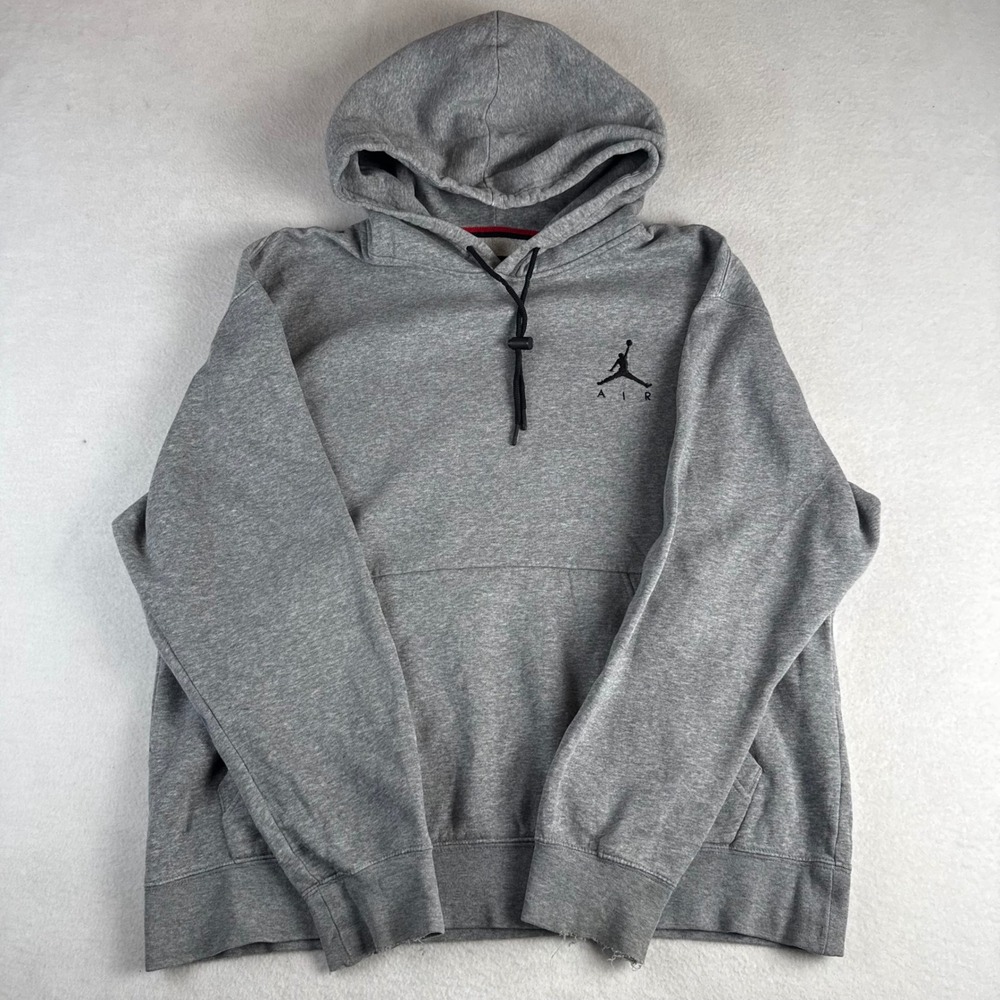 Jordan Air Mens Pullover Hoodie Gray Jumpman Logo Sweatshirt Large Distressed